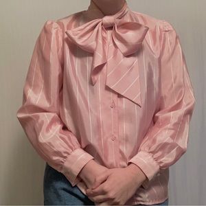 Vintage Professional White Striped Pink Pussy Bow Button Down